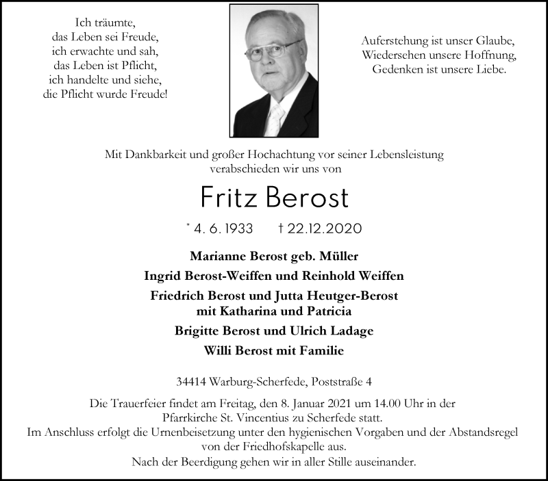  Traueranzeige für Fritz Berost vom 24.12.2020 aus Westfalen-Blatt