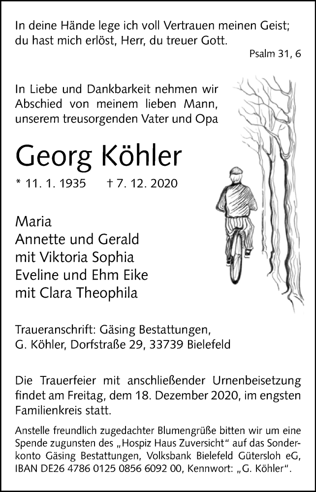  Traueranzeige für Georg Köhler vom 12.12.2020 aus Westfalen-Blatt
