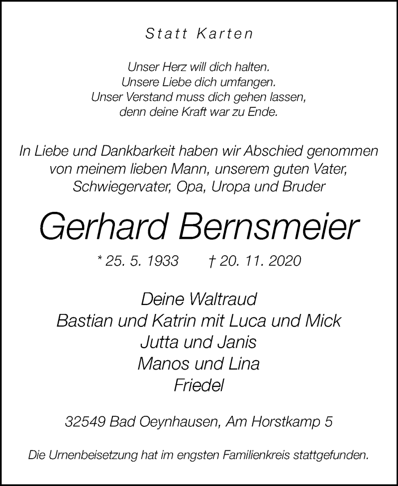  Traueranzeige für Gerhard Bernsmeier vom 02.12.2020 aus Westfalen-Blatt