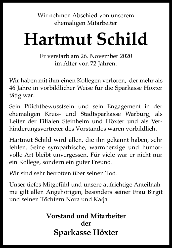  Traueranzeige für Hartmut Schild vom 05.12.2020 aus Westfalen-Blatt