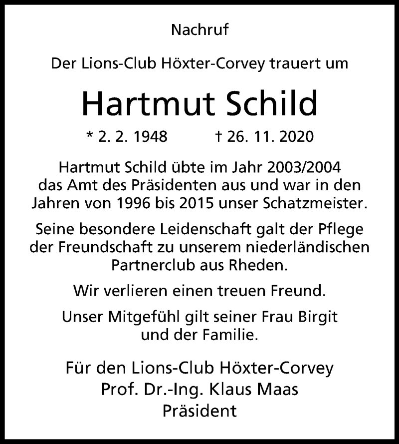  Traueranzeige für Hartmut Schild vom 04.12.2020 aus Westfalen-Blatt