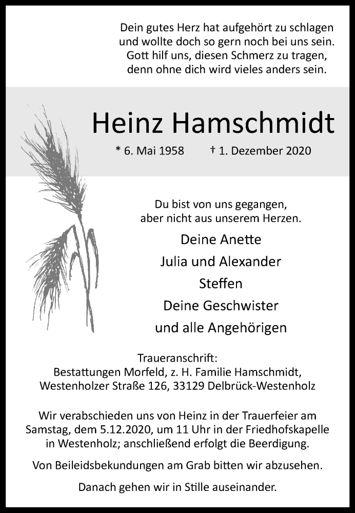  Traueranzeige für Heinz Hamschmidt vom 04.12.2020 aus Westfalen-Blatt