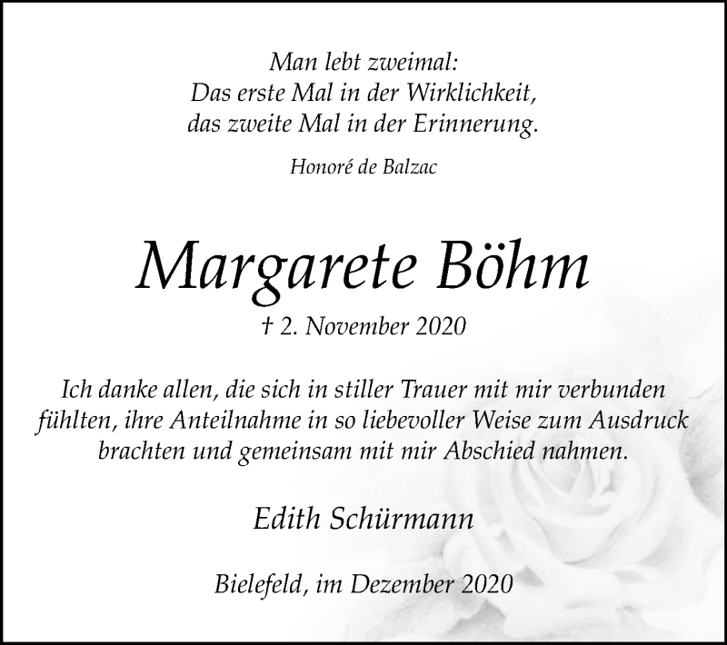  Traueranzeige für Margarete Böhm vom 31.12.2020 aus Westfalen-Blatt