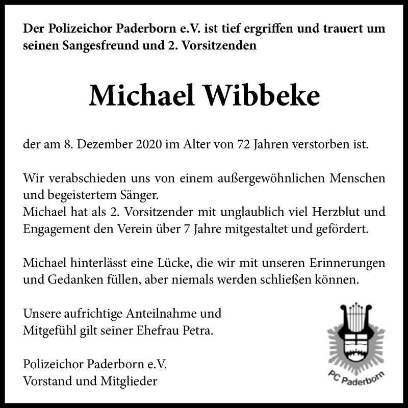  Traueranzeige für Michael Wibbeke vom 19.12.2020 aus Westfalen-Blatt