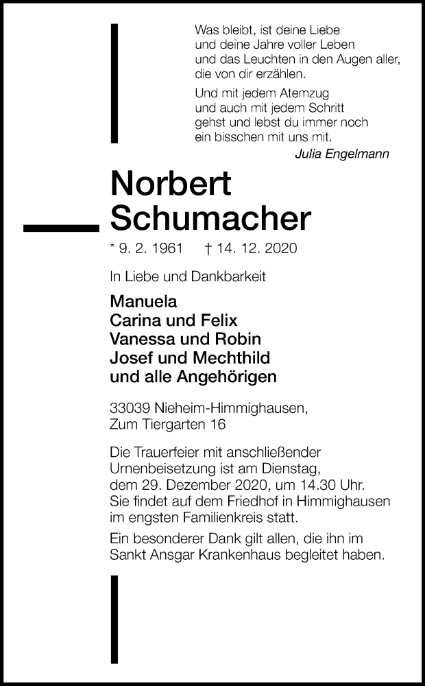  Traueranzeige für Norbert Schumacher vom 17.12.2020 aus Westfalen-Blatt