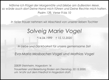 Traueranzeige von Solveig Marie Vogel von Westfalen-Blatt