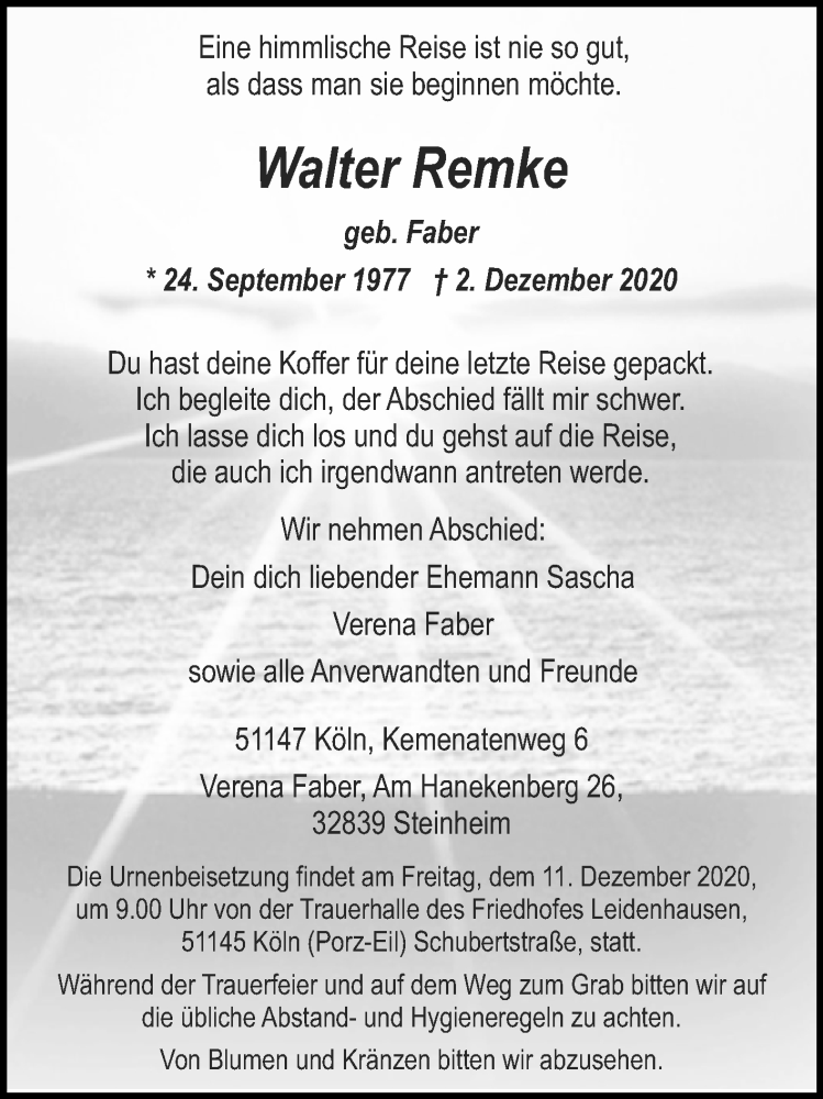 Traueranzeige für Walter Remke vom 08.12.2020 aus Westfalen-Blatt