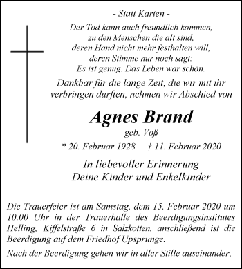 Traueranzeige von Agnes Brand von Westfalen-Blatt