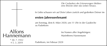 Traueranzeige von Alfons Hannemann von Westfalen-Blatt