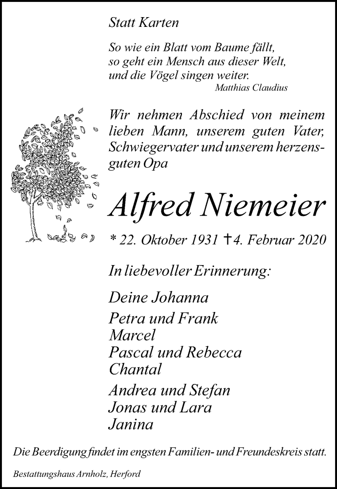  Traueranzeige für Alfred Niemeier vom 08.02.2020 aus Westfalen-Blatt