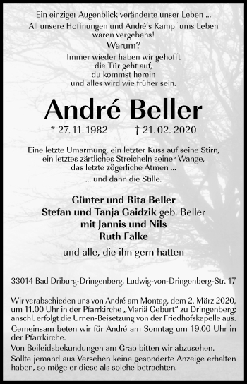 Traueranzeige von Andre Beller von Westfalen-Blatt