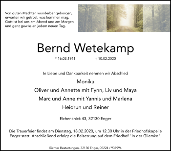 Traueranzeige von Bernd Wetekamp von Westfalen-Blatt