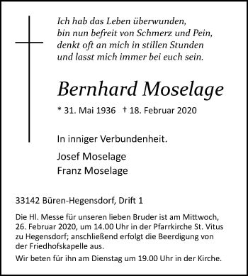 Traueranzeige von Bernhard Moselage von Westfalen-Blatt