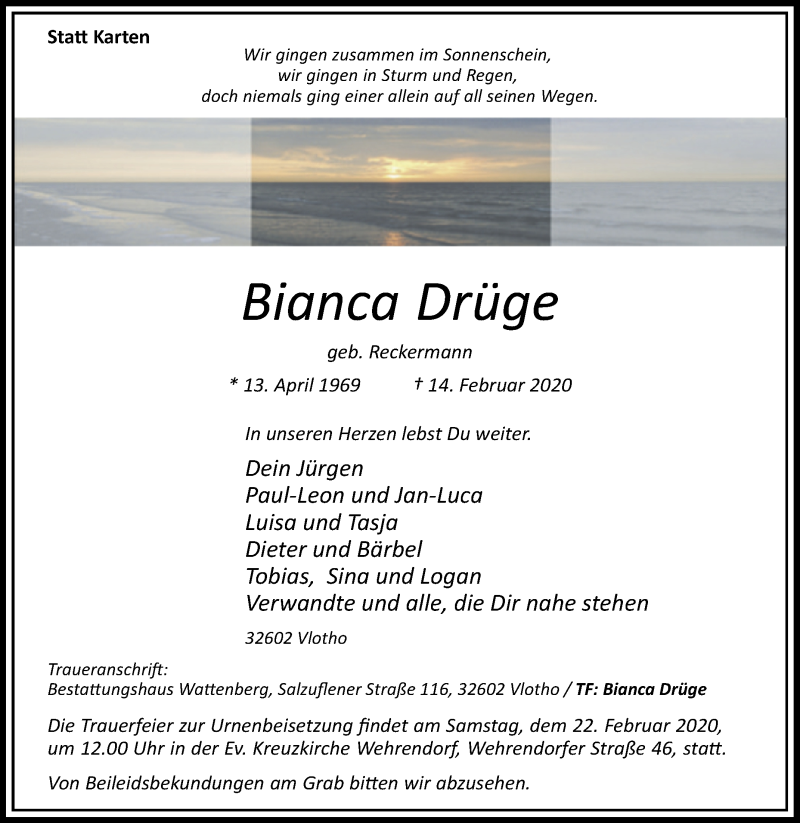  Traueranzeige für Bianca Drüge vom 17.02.2020 aus Westfalen-Blatt