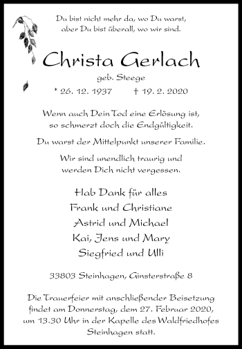 Traueranzeige von Christa Gerlach von Westfalen-Blatt