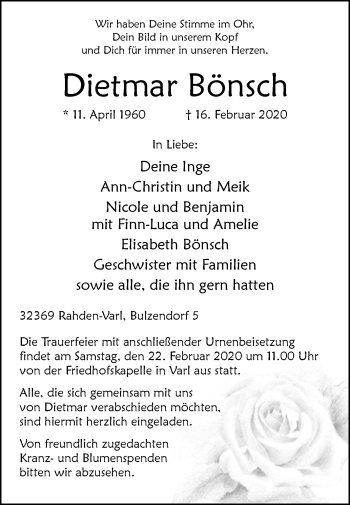 Traueranzeige von Dietmar Bönsch von Westfalen-Blatt
