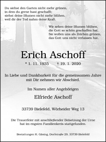 Traueranzeige von Erich Aschoff von Westfalen-Blatt