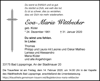 Traueranzeige von Eva-Maria Wittbecker von Westfalen-Blatt
