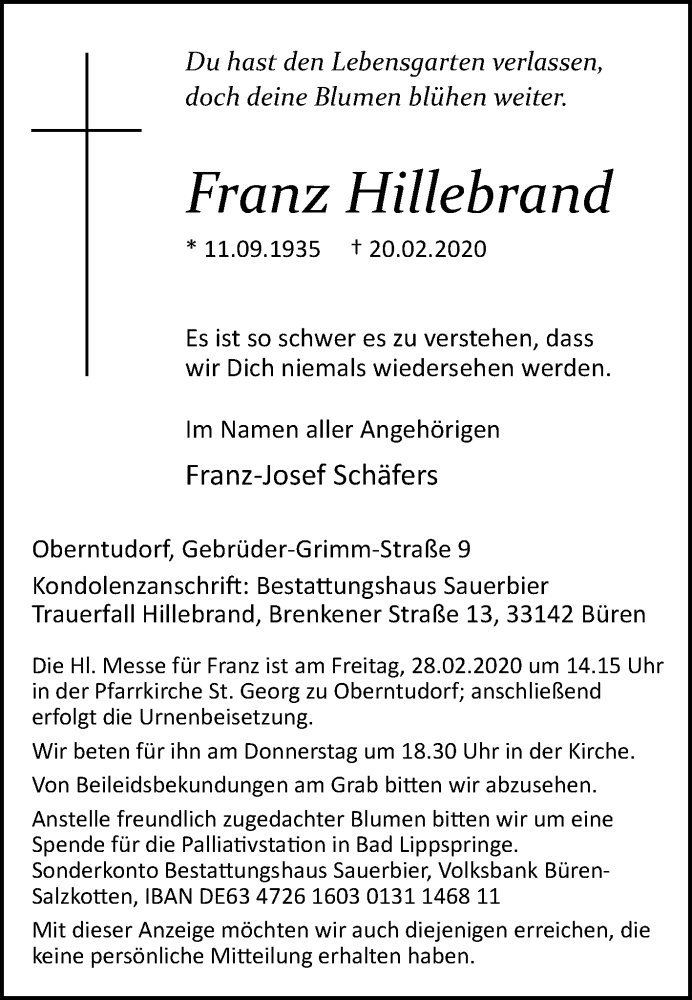 Traueranzeige für Franz Hillebrand vom 24.02.2020 aus Westfalen-Blatt