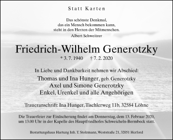 Traueranzeige von Friedrich-Wilhelm Generotzky von Westfalen-Blatt