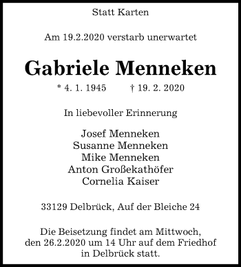 Traueranzeige von Gabriele Menneken von Westfalen-Blatt