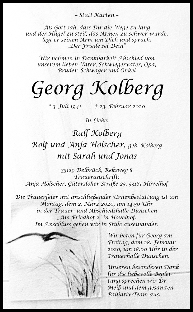  Traueranzeige für Georg Kolberg vom 25.02.2020 aus Westfalen-Blatt
