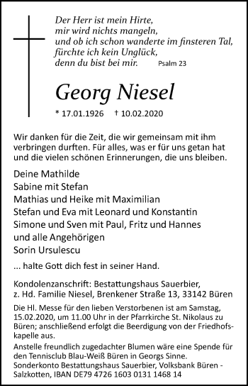 Traueranzeige von Georg Niesel von Westfalen-Blatt