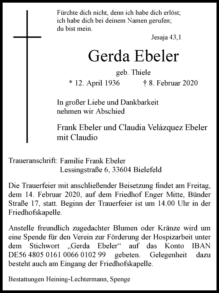  Traueranzeige für Gerda Ebeler vom 11.02.2020 aus Westfalen-Blatt