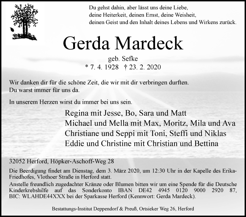  Traueranzeige für Gerda Mardeck vom 29.02.2020 aus Westfalen-Blatt