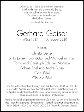 Traueranzeige von Gerhard Geiser von Westfalen-Blatt