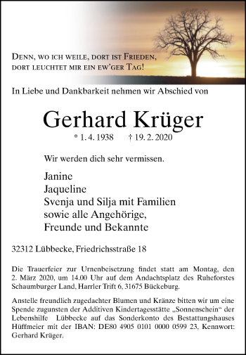 Traueranzeige von Gerhard Krüger von Westfalen-Blatt