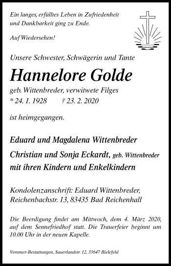 Traueranzeige von Hannelore Golde von Westfalen-Blatt