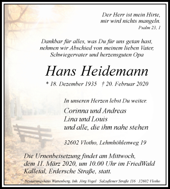 Traueranzeige von Hans Heidemann von Westfalen-Blatt