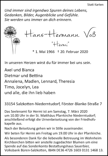 Traueranzeige von Hans-Herman Voß von Westfalen-Blatt