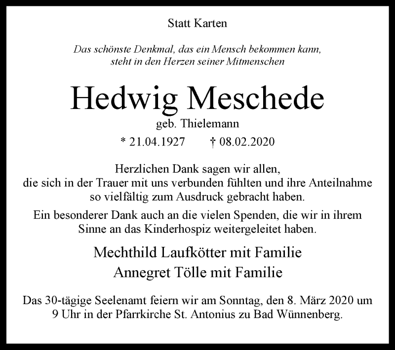  Traueranzeige für Hedwig Meschede vom 29.02.2020 aus Westfalen-Blatt
