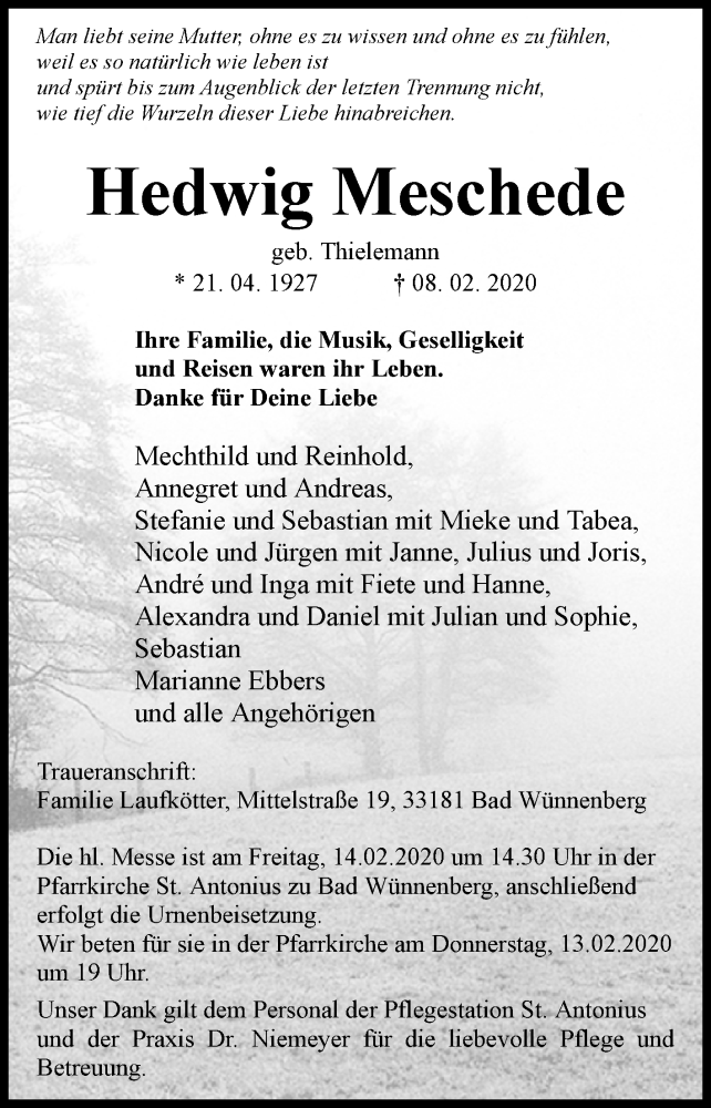  Traueranzeige für Hedwig Meschede vom 11.02.2020 aus Westfalen-Blatt