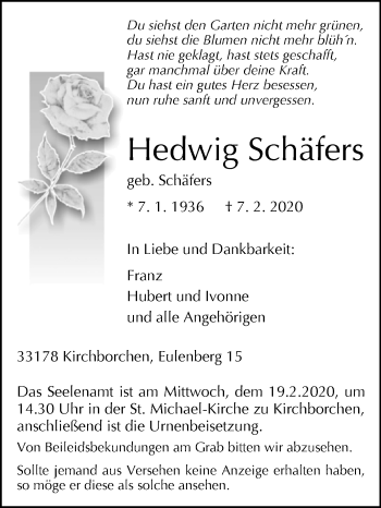 Traueranzeige von Hedwig Schäfers von Westfalen-Blatt