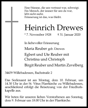 Traueranzeige von Heinrich Drewes von Westfalen-Blatt