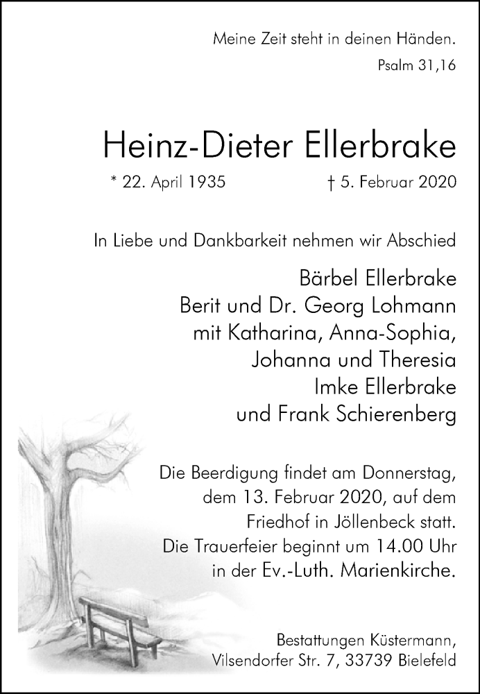  Traueranzeige für Heinz-Dieter Ellerbrake vom 08.02.2020 aus Westfalen-Blatt