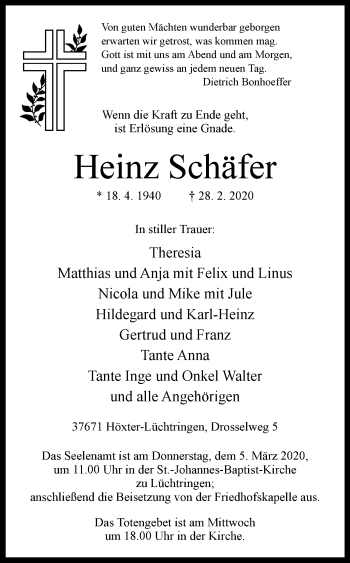 Traueranzeige von Heinz Schäfer von Westfalen-Blatt