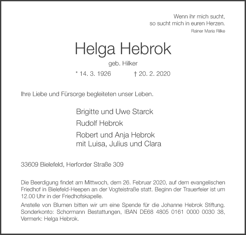  Traueranzeige für Helga Hebrok vom 22.02.2020 aus Westfalen-Blatt
