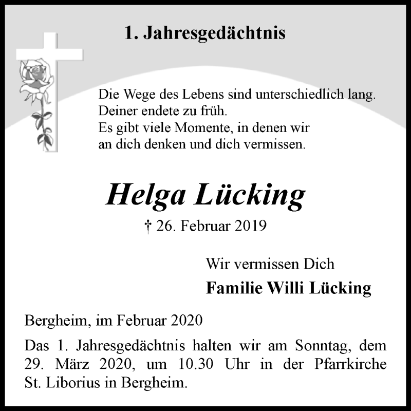 Traueranzeige für Helga Lücking vom 29.02.2020 aus Westfalen-Blatt