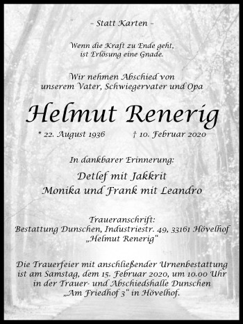 Traueranzeige von Helmut Renerig von Westfalen-Blatt