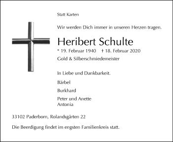Traueranzeige von Heribert Schulte von Westfalen-Blatt