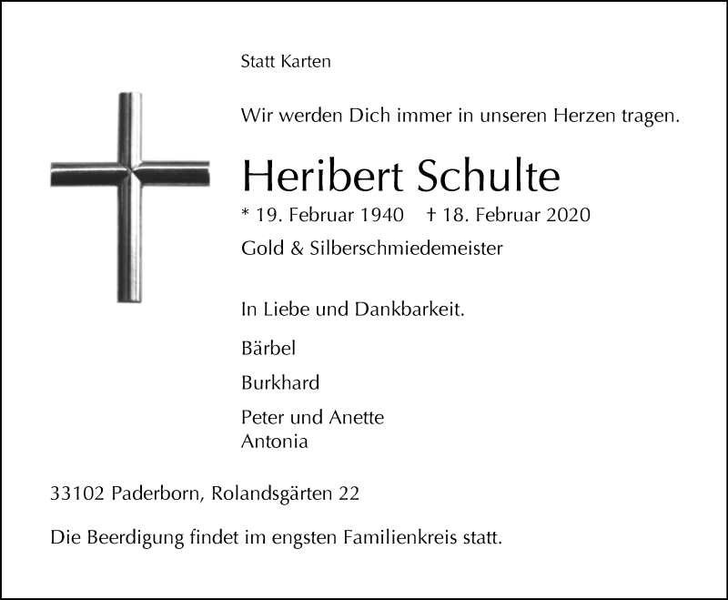  Traueranzeige für Heribert Schulte vom 22.02.2020 aus Westfalen-Blatt