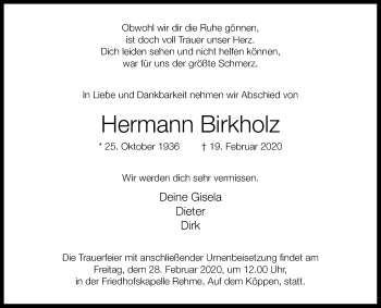 Traueranzeige von Hermann Birkholz von Westfalen-Blatt