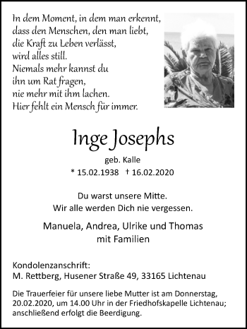 Traueranzeige von Inge Josephs von Westfalen-Blatt