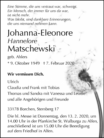 Traueranzeige von Johanna-Eleonore Hannelore Matschewski von Westfalen-Blatt