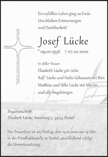 Traueranzeige von Josef Lücke von Westfalen-Blatt