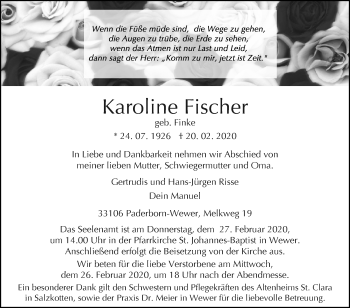 Traueranzeige von Karoline Fischer von Westfalen-Blatt